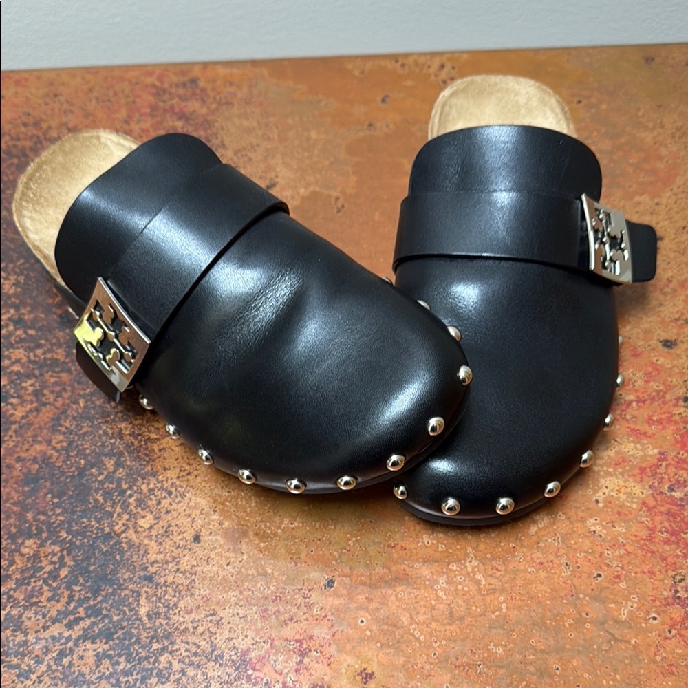 Black Leather Mules with Silver Studs